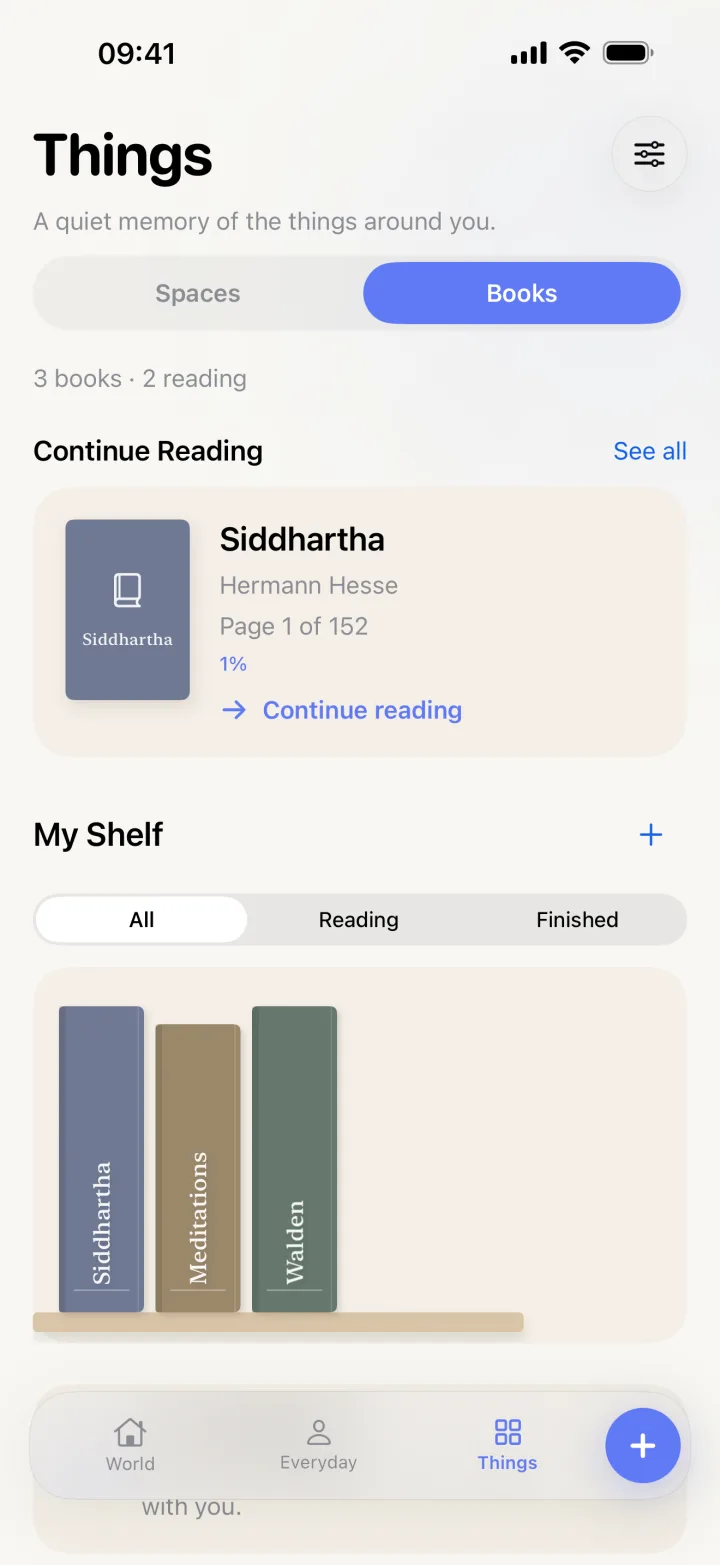 Litto Books screen with a book in progress and a shelf of three books