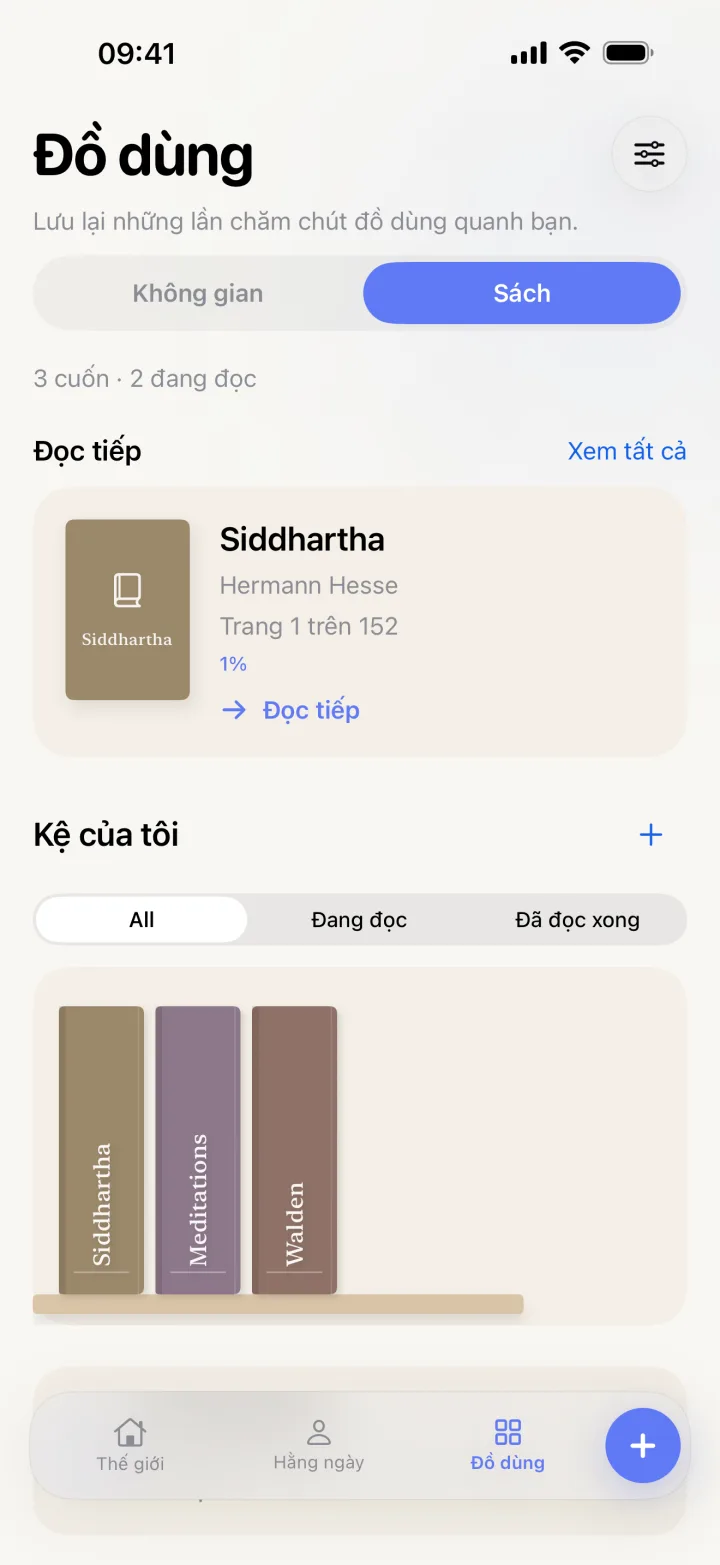 Màn hình Sách của Litto với cuốn đang đọc và kệ ba cuốn sách