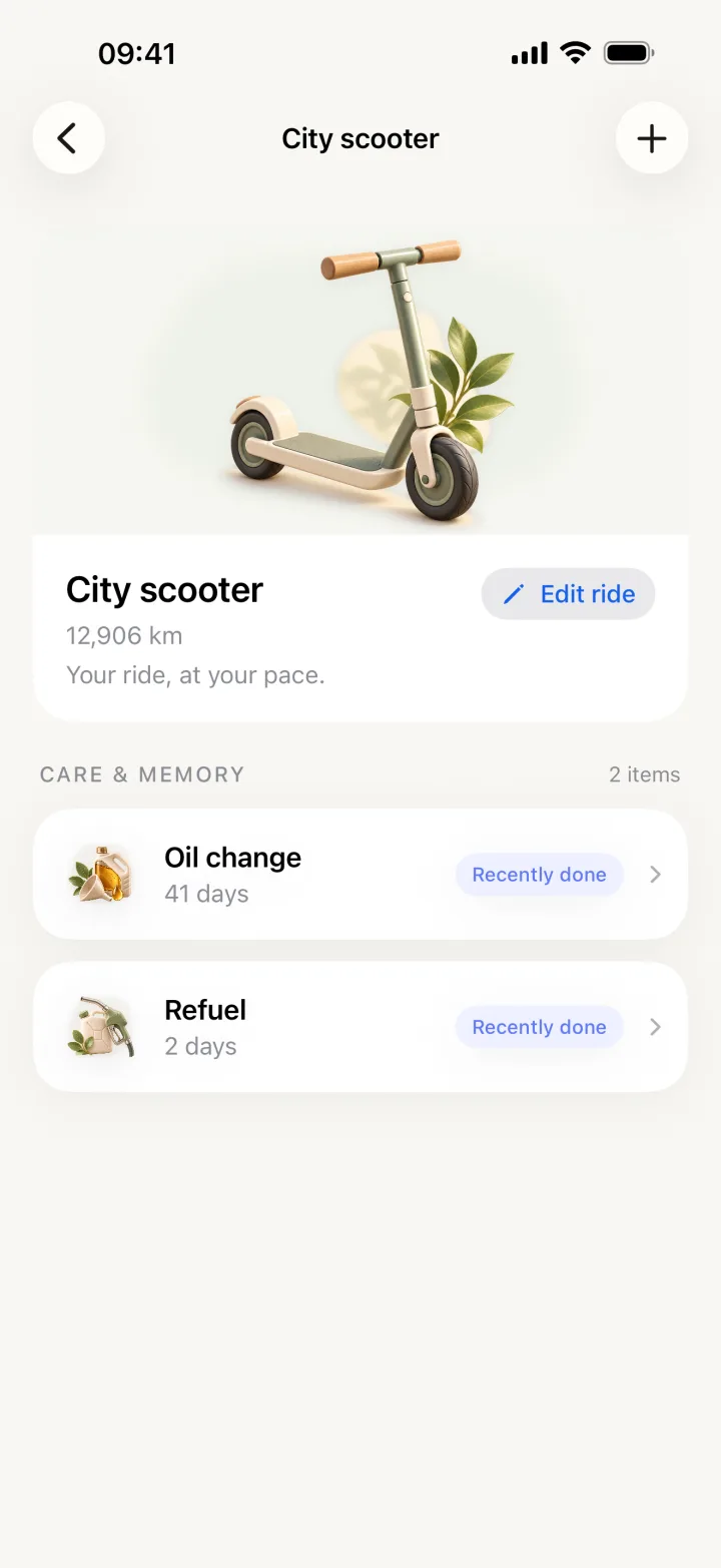 Litto vehicle screen for a city scooter with oil change and refuel history